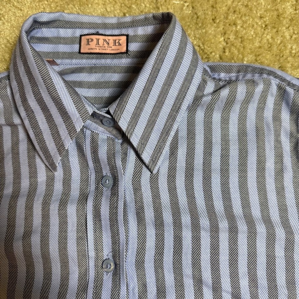 Thomas Pink Shirt Womens 6 Blue Gray Striped Button Up Herringbone